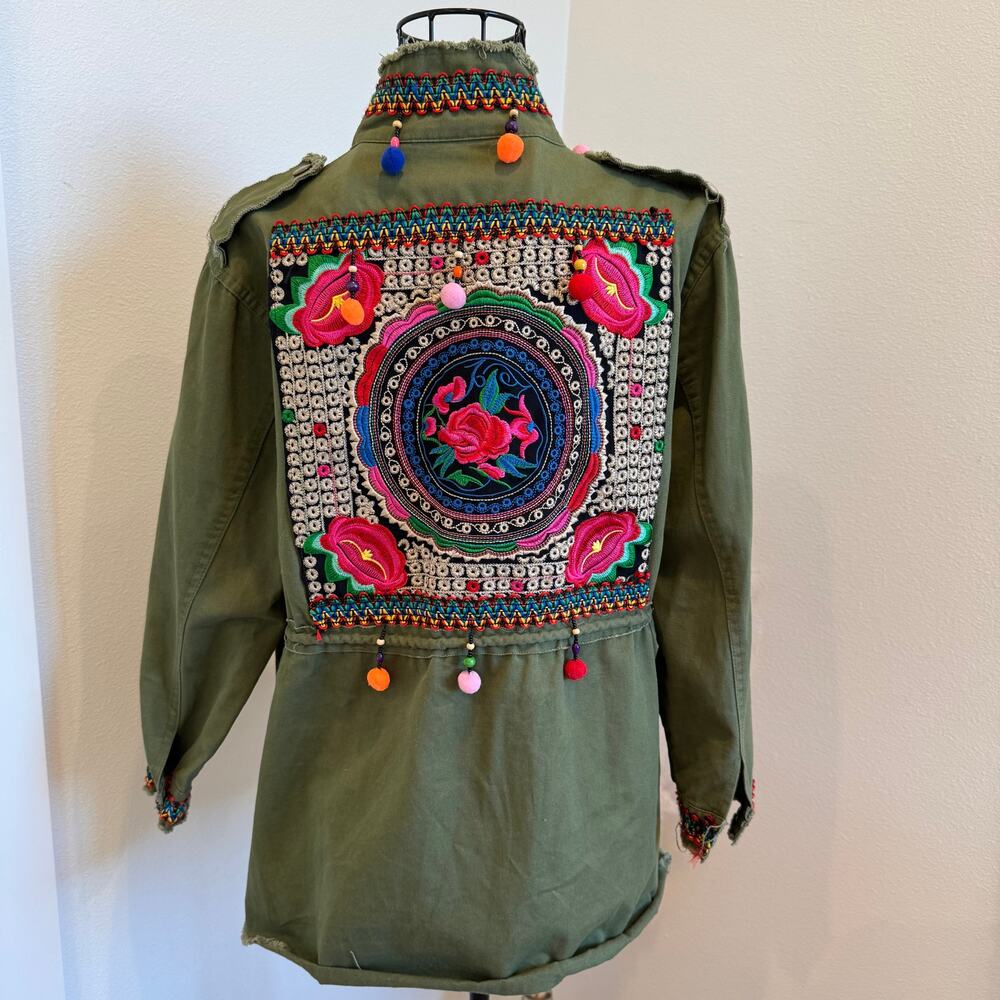 Artisan Floral Hand Embroidered Boho Army Green Utility Military Jacket S/M